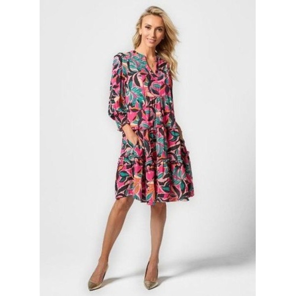 G by GIULIANA Women Tiered Midi Dress Tropical Floral Print V Neck Long Sleeve S